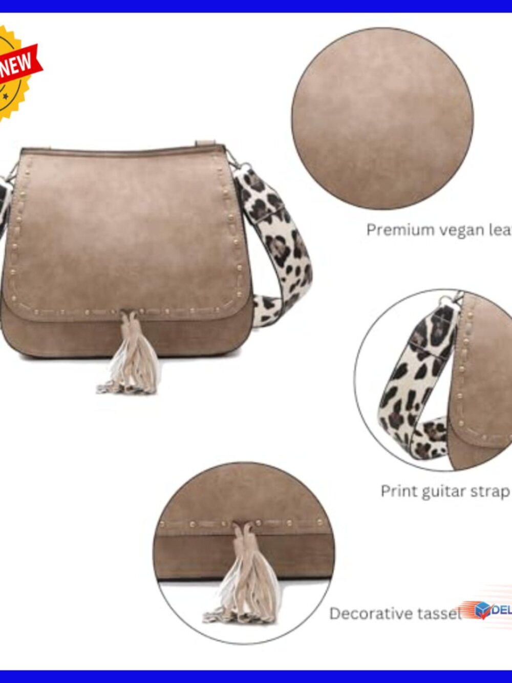 Vegan Leather Crossbody Bag with Detachable Guitar Strap, Spacious Hobo Purse - Picture 4 of 6